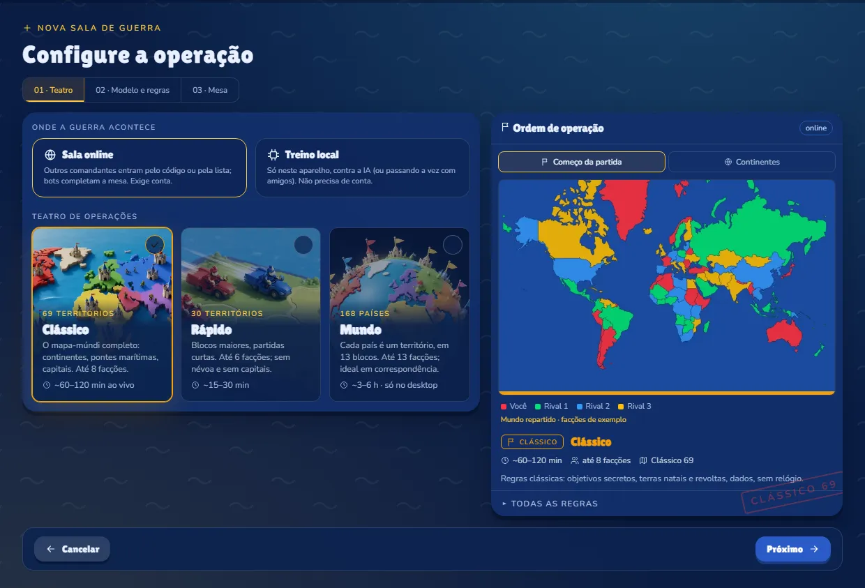 Criar sala, passo 1: onde a guerra acontece e o tabuleiro