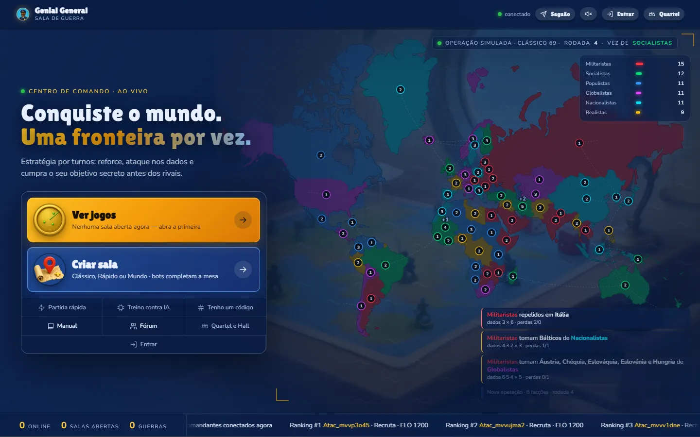 Página inicial: a Sala de Guerra com o mapa vivo ao fundo e as portas Ver jogos e Criar sala