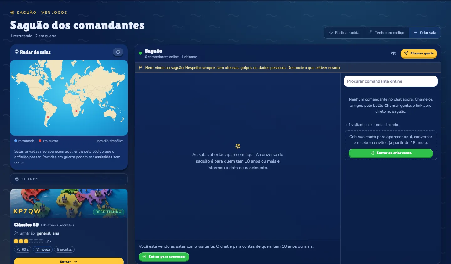 Ver jogos: filtros, cartões de sala e radar
